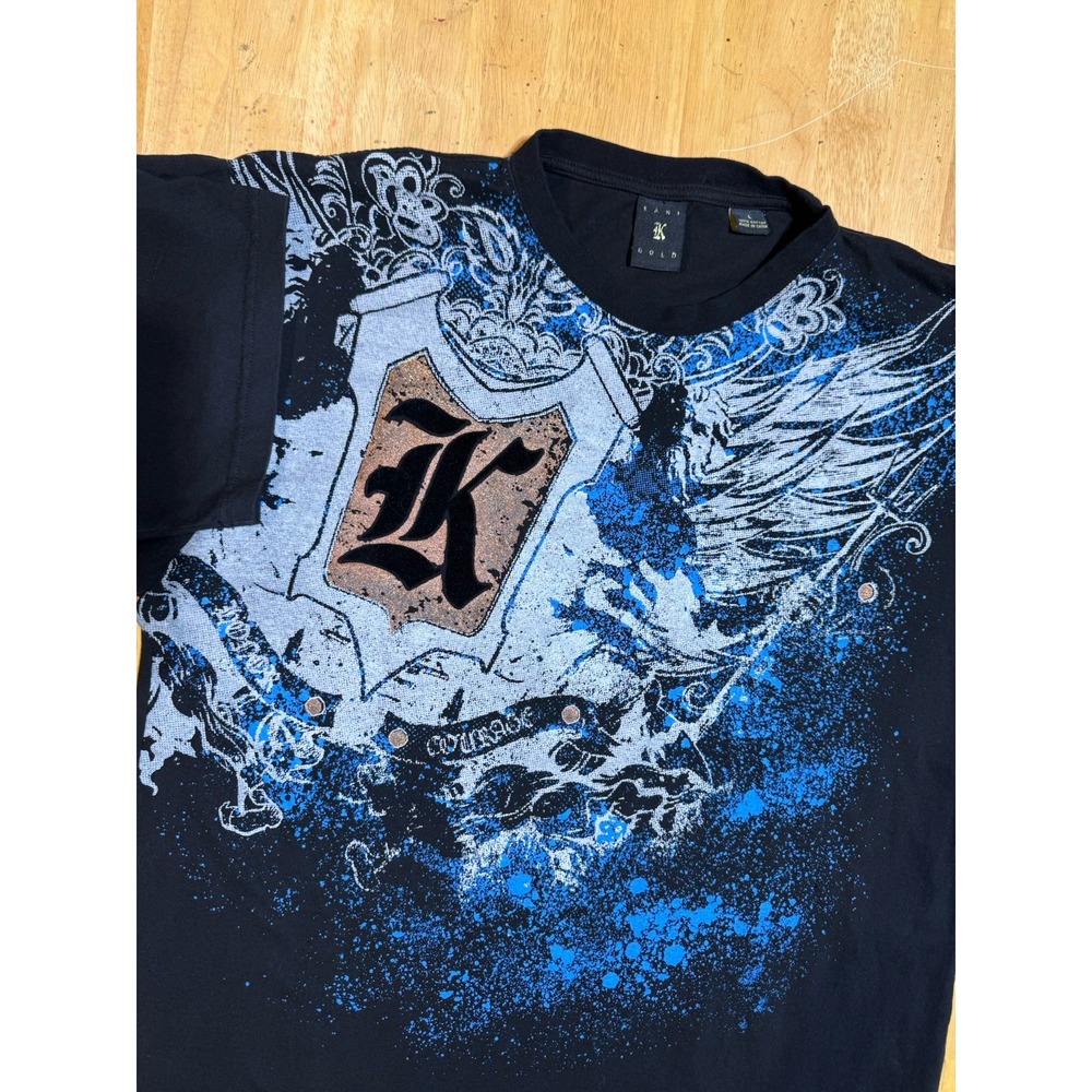 Vintage Y2K Kani Gold Mens L Black Graphic Shirt K Logo Wings Tapout Grunge